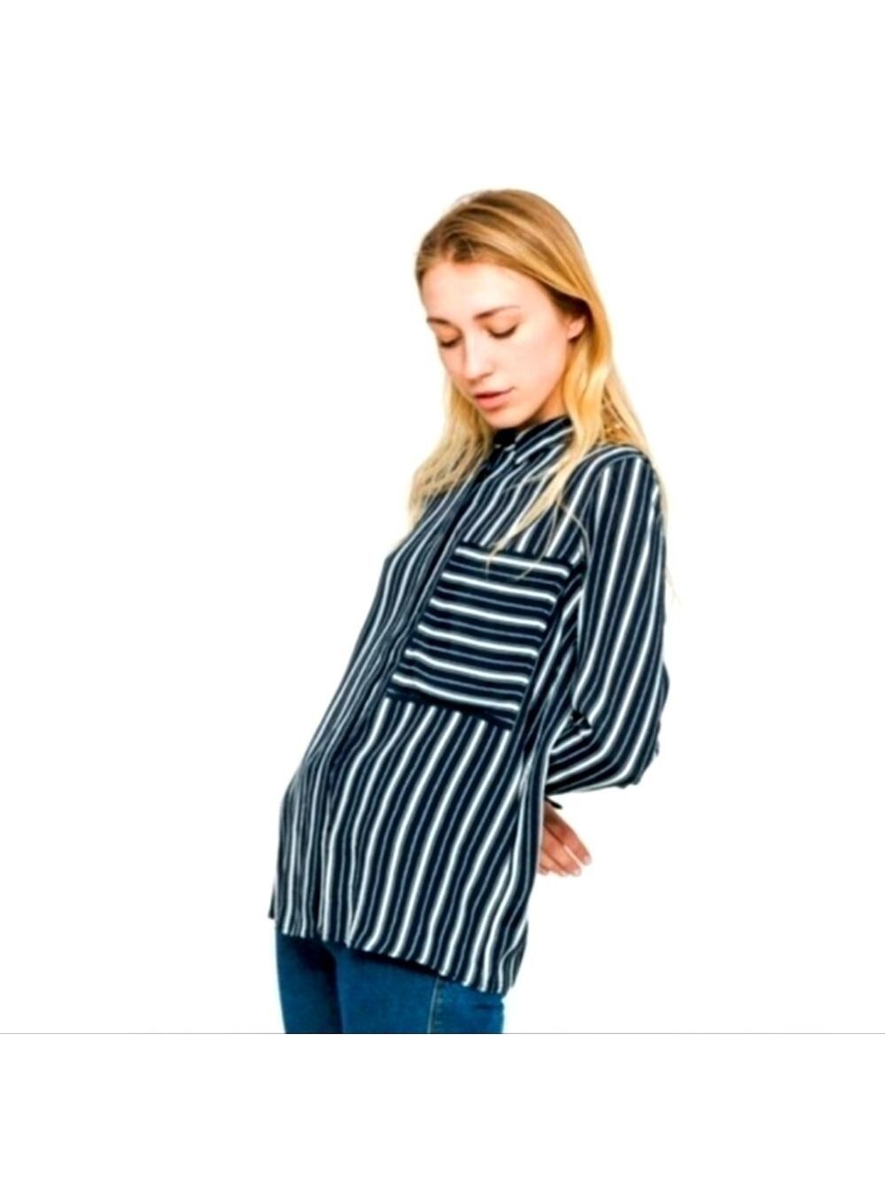 Minimum Nautical Striped Button Down Shirt Split Back Minimalist Pocket Navy